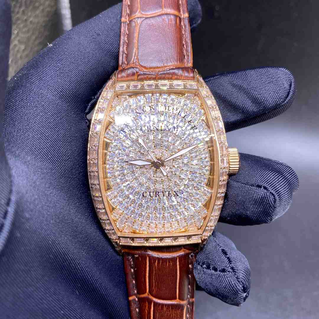 Franck Muller FM Swiss high grade TW factory automatic Baguette diamonds rose gold case 40x46mm baguette stones face Brown leather strap C80