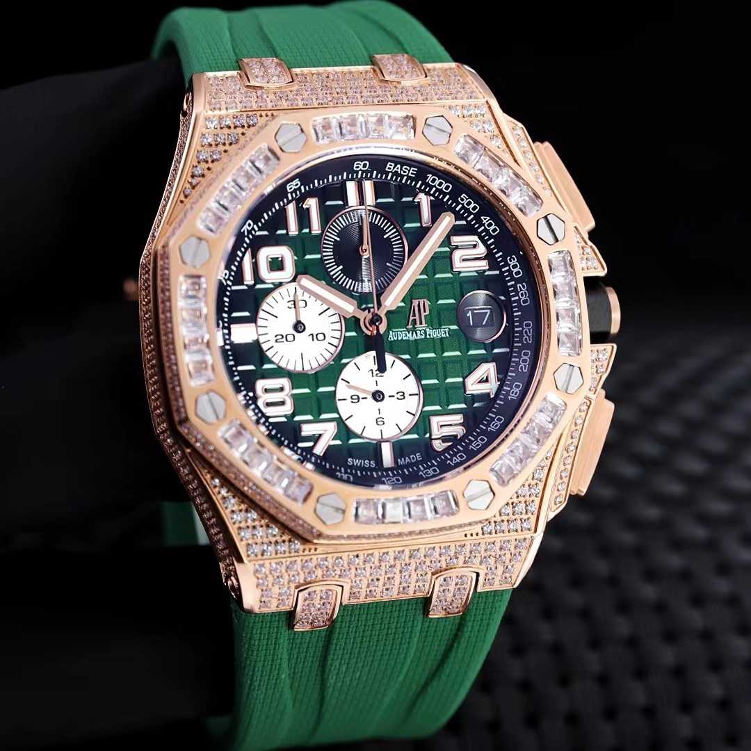 AP Royal Oak Japan VK Chronograph quartz movement Diamonds case 45mm Baguette bezel Rubber strap men’s stopwatch  A90