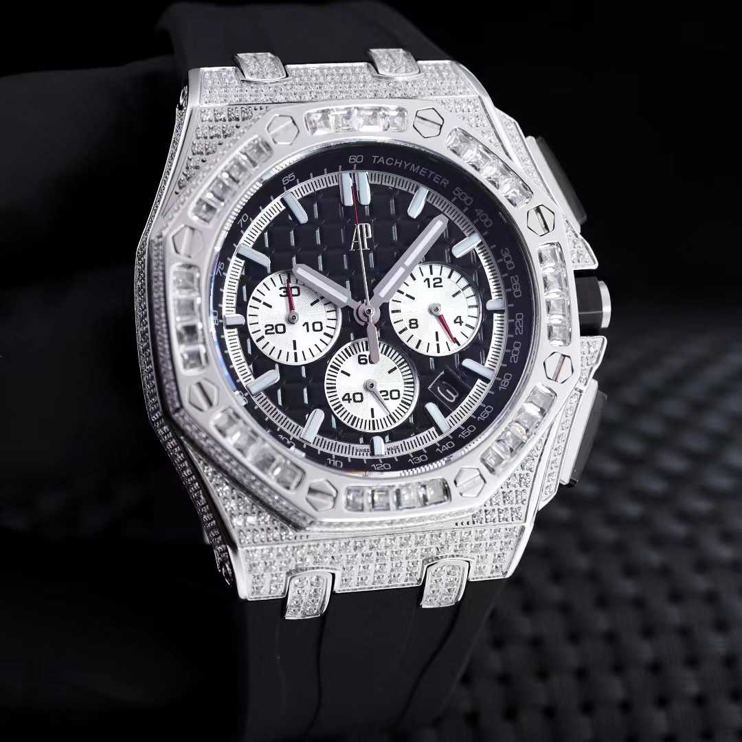 AP Royal Oak Japan VK Chronograph quartz movement Diamonds case 45mm Baguette bezel Rubber strap men’s stopwatch  A90