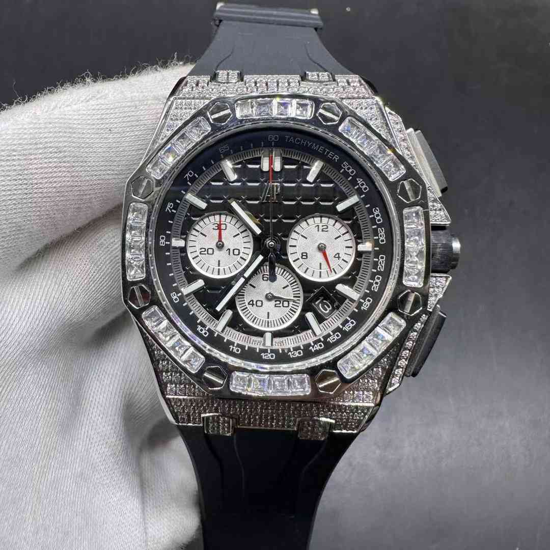 AP Royal Oak AAA quartz movement Diamonds silver case Baguette bezel Black dial Black rubber strap men’s stopwatch  A90