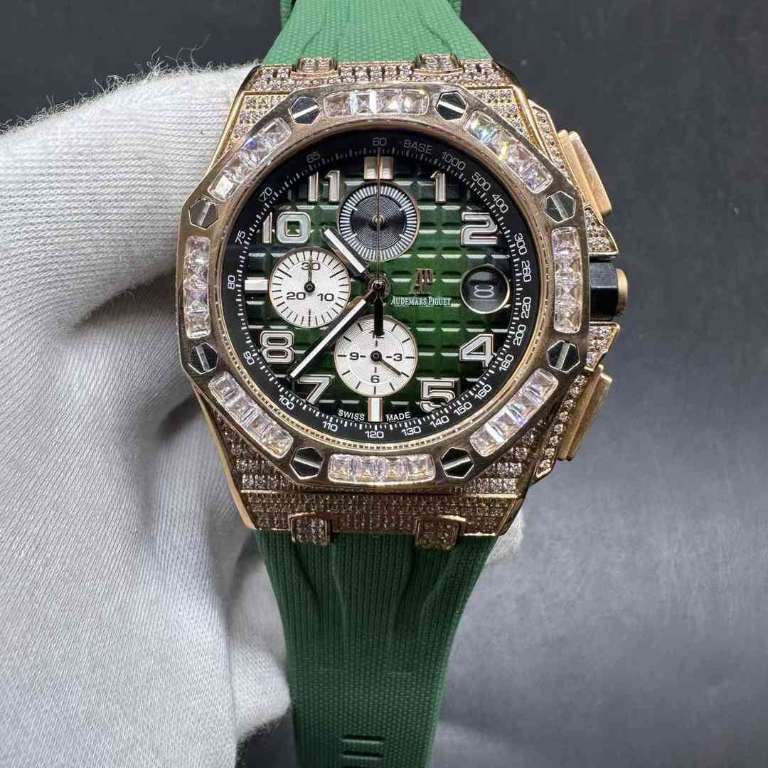 AP Royal Oak AAA quartz movement Diamonds rose gold case 44mm Baguette bezel Green dial Green rubber strap men’s stopwatch  A90