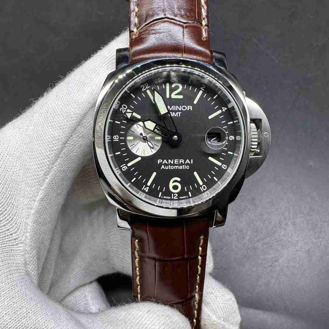 Panerai Luminor GMT AAA+ automatic movement Steel case 43mm Black dial Brown leather strap A38