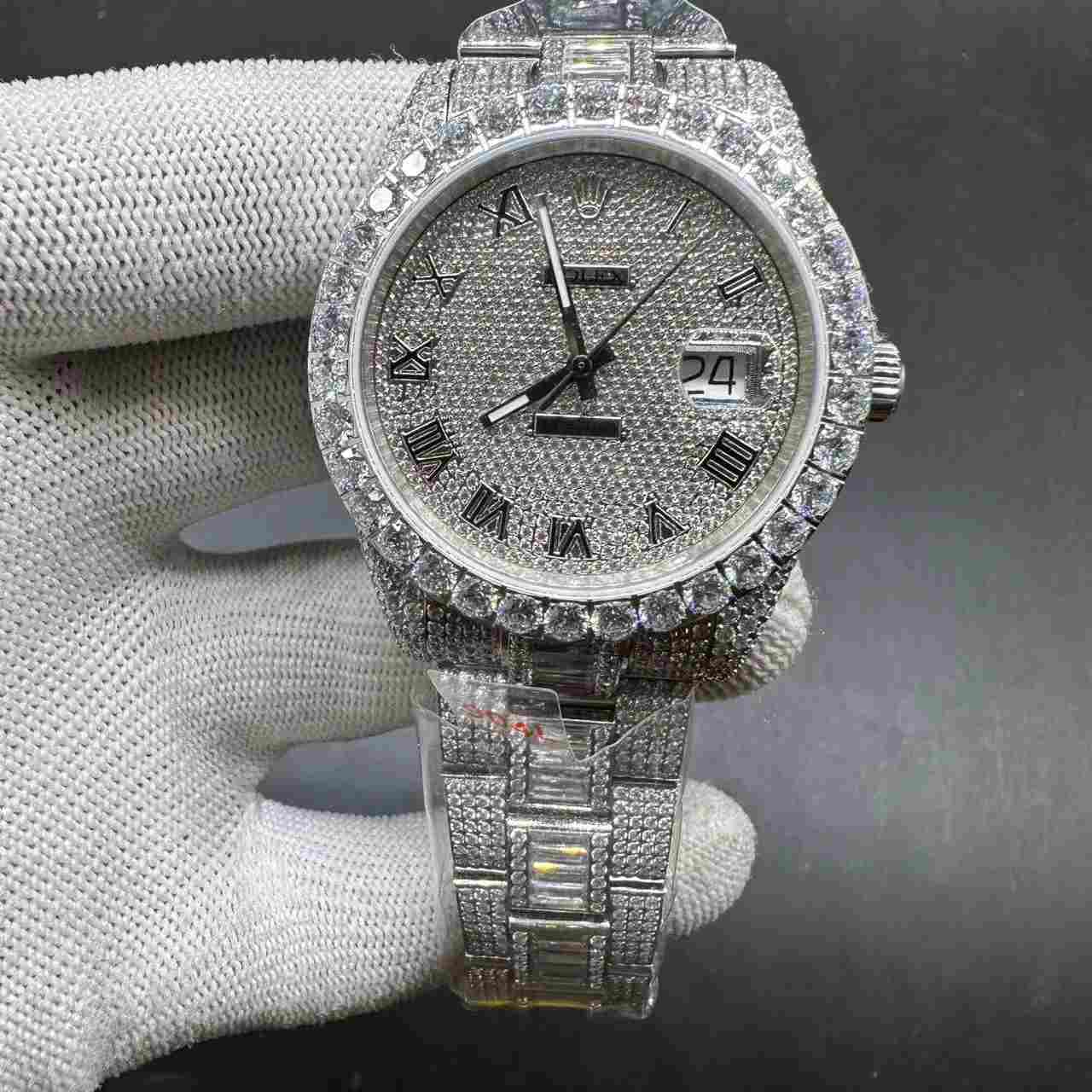 Rolex Datejust TW factory 2824 movement bustdown CZ stones silver case 41mm diamonds face roman numbers baguette oyster bracelet E68