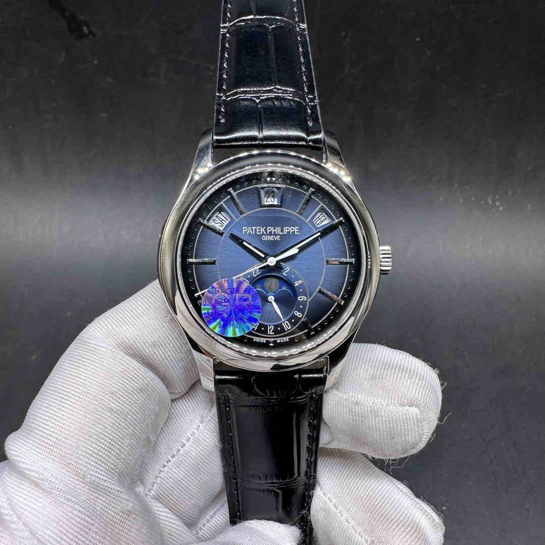 Patek Philippe 5205G Annual Calendar Moon Phases GR factory Cal.324 automatic Steel case 40mm blue sunburst dial Black leather strap C98