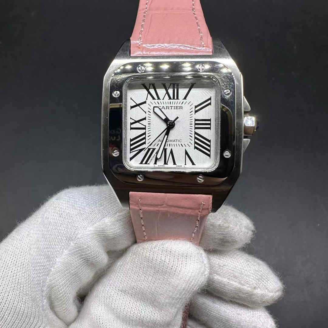 Cartier Santos Lady AAA automatic movement Steel case 34mm White dial Roman numbers Pink leather strap A15