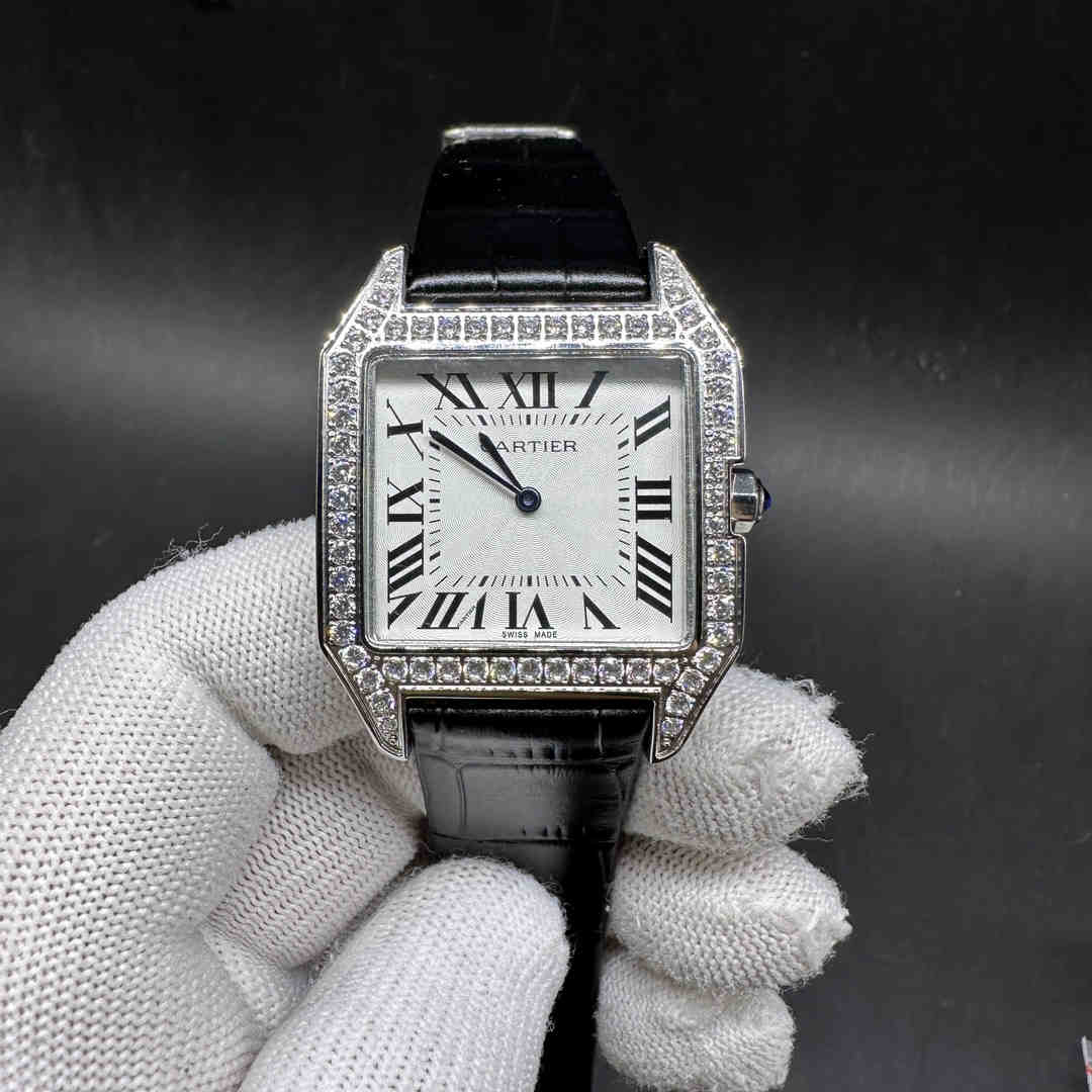 Cartier Santos Paris dial AAA quartz movement Diamonds silver case 35mm White face Black leather strap women watch A25