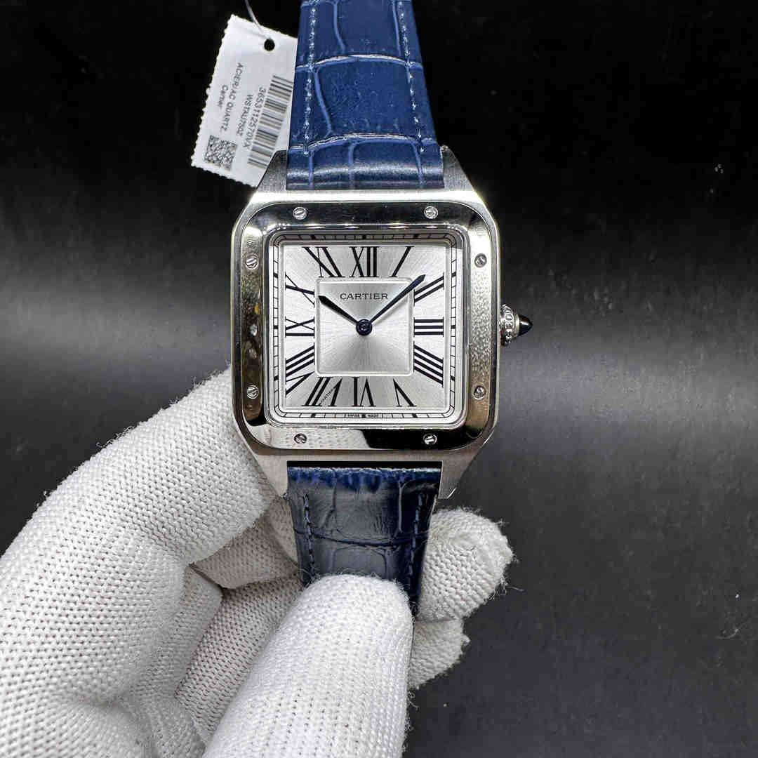 Cartier high grade quartz movement Steel case 34mm White dial Blue leather strap A25
