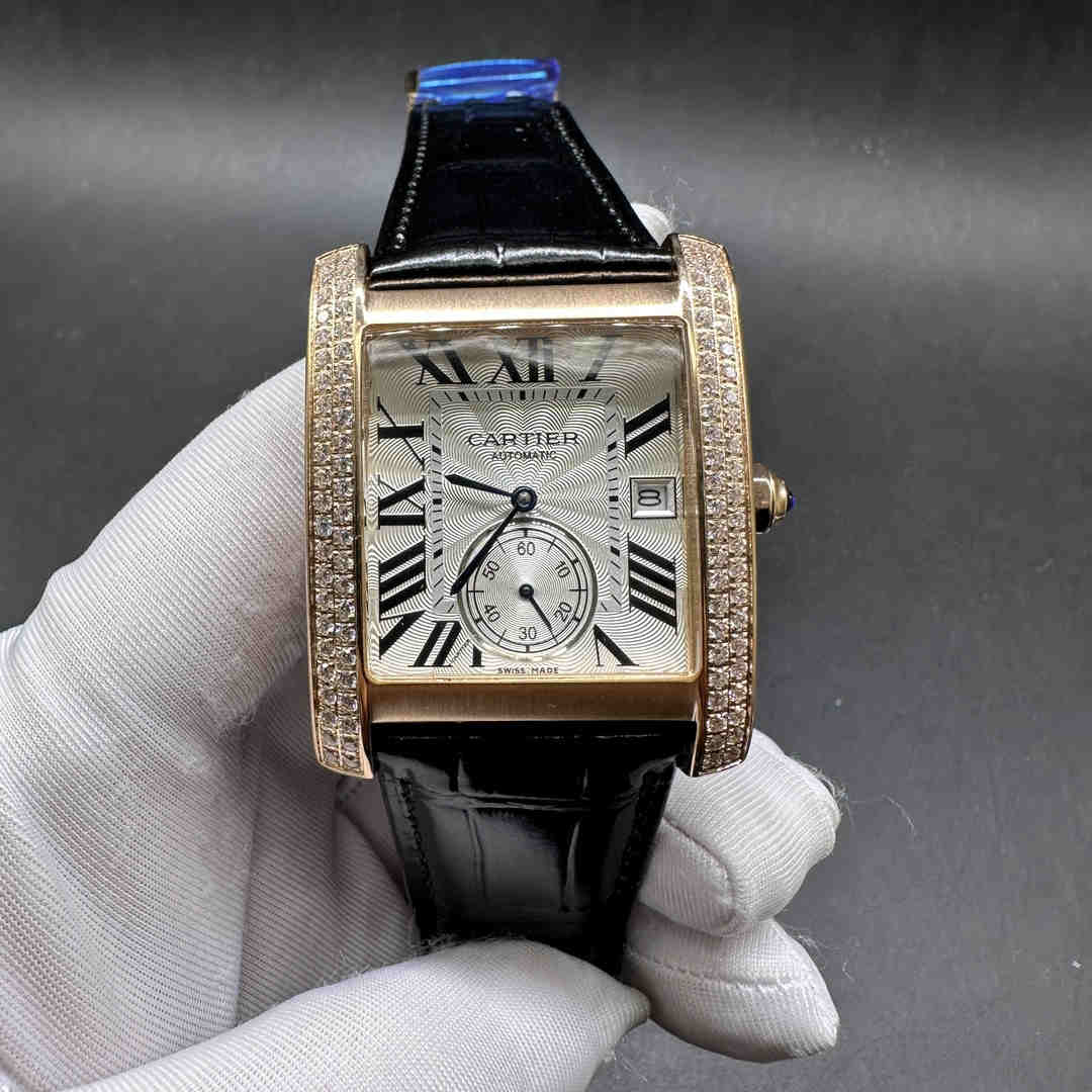 Cartier Tank AAA automatic rose gold case 35mm white dial black leather strap.  A16