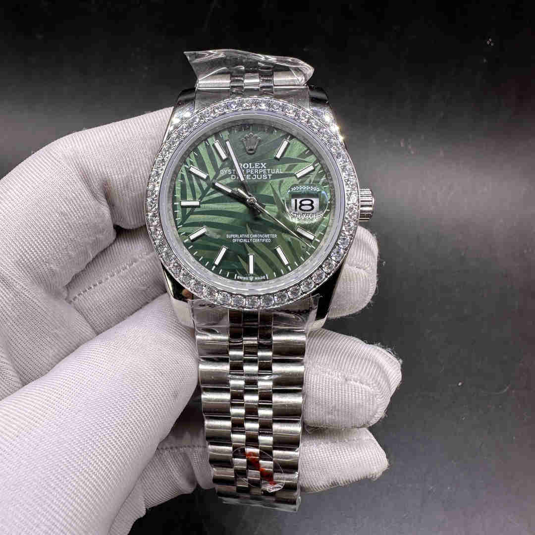 Rolex Datejust 126234 AAA steel case 36mm Olive Green Palm Motif dial Diamonds bezel Jubilee bracelet  A15
