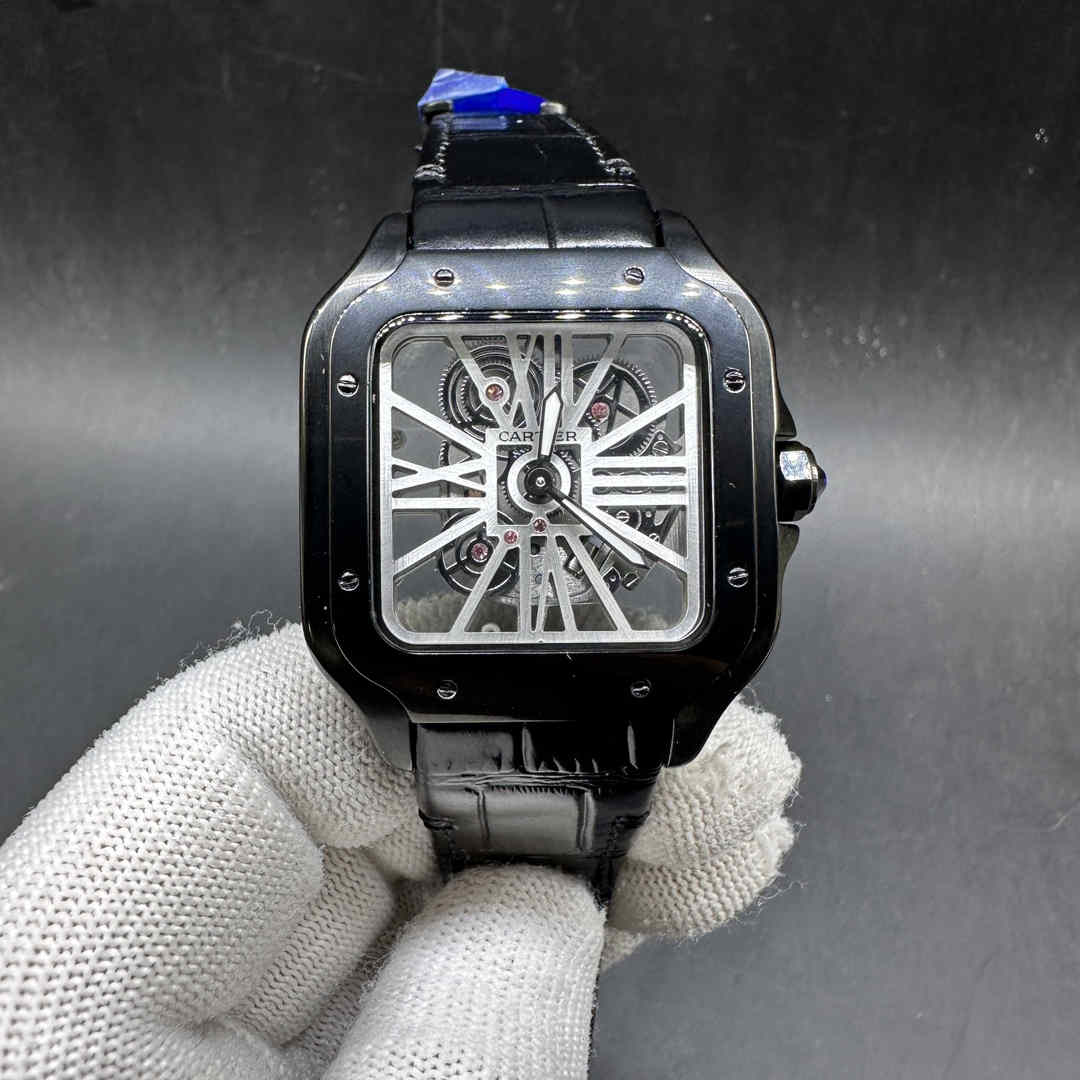 Cartier Santos AAA quartz Black case 38.5*40mm Skeleton white dial Black leather strap A15