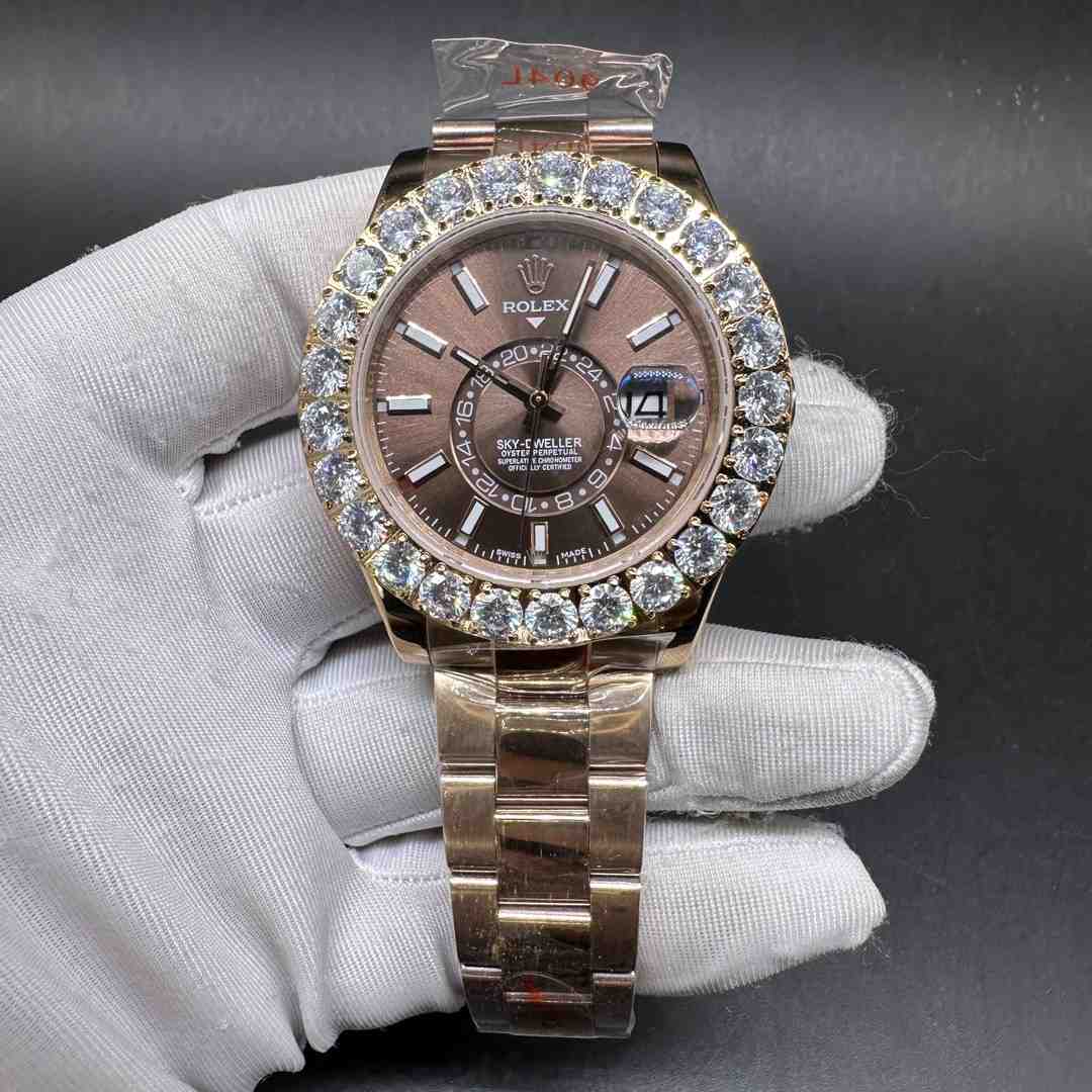 Rolex Sky-dweller AAA automatic Rose gold case 43mm Big diamonds prongset bezel brown dial