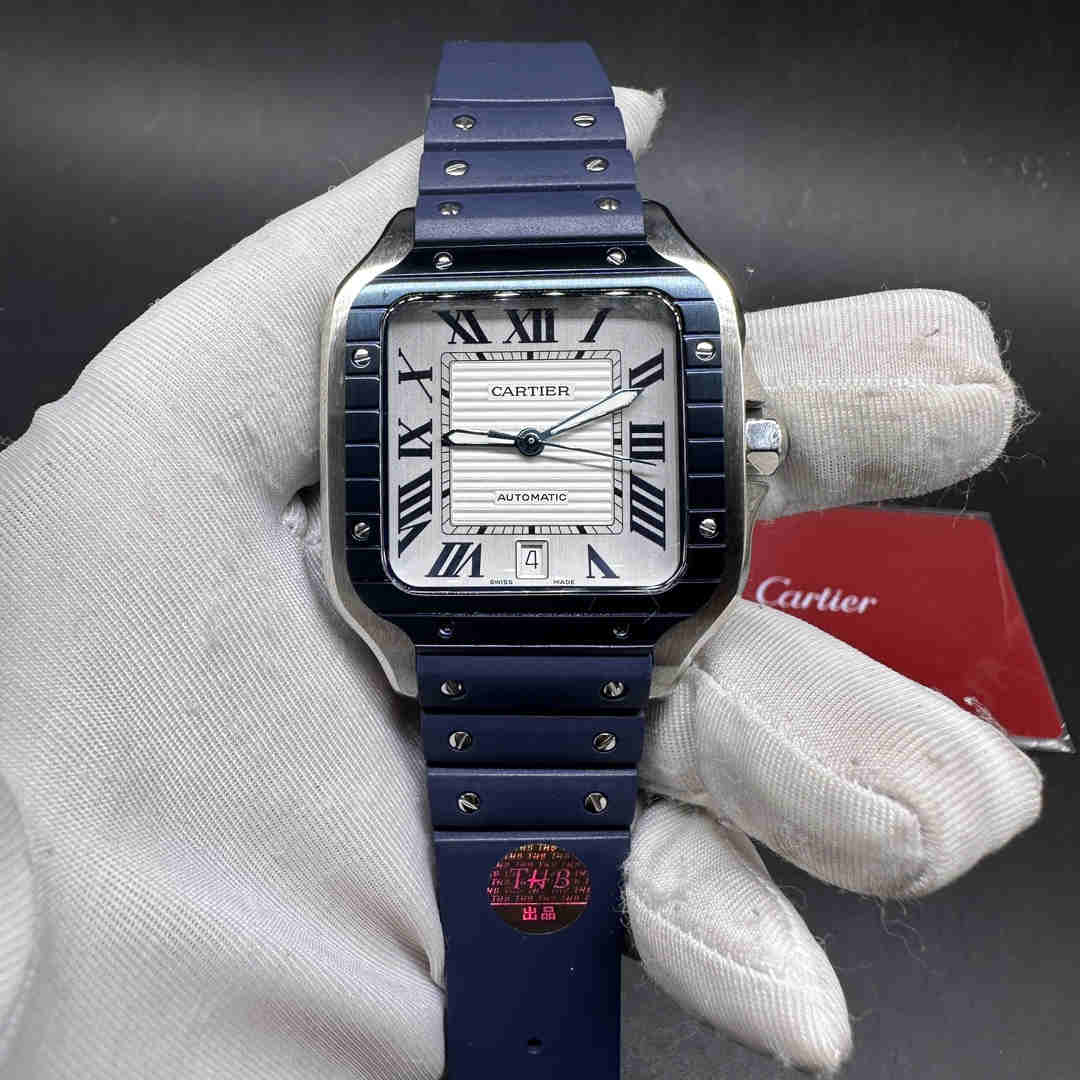 Cartier Santos THB factory Swiss ETA1847MC automatic Steel case 38.5mm Blue bezel white dial Blue rubber SmartLink QuickSwitch strap C80