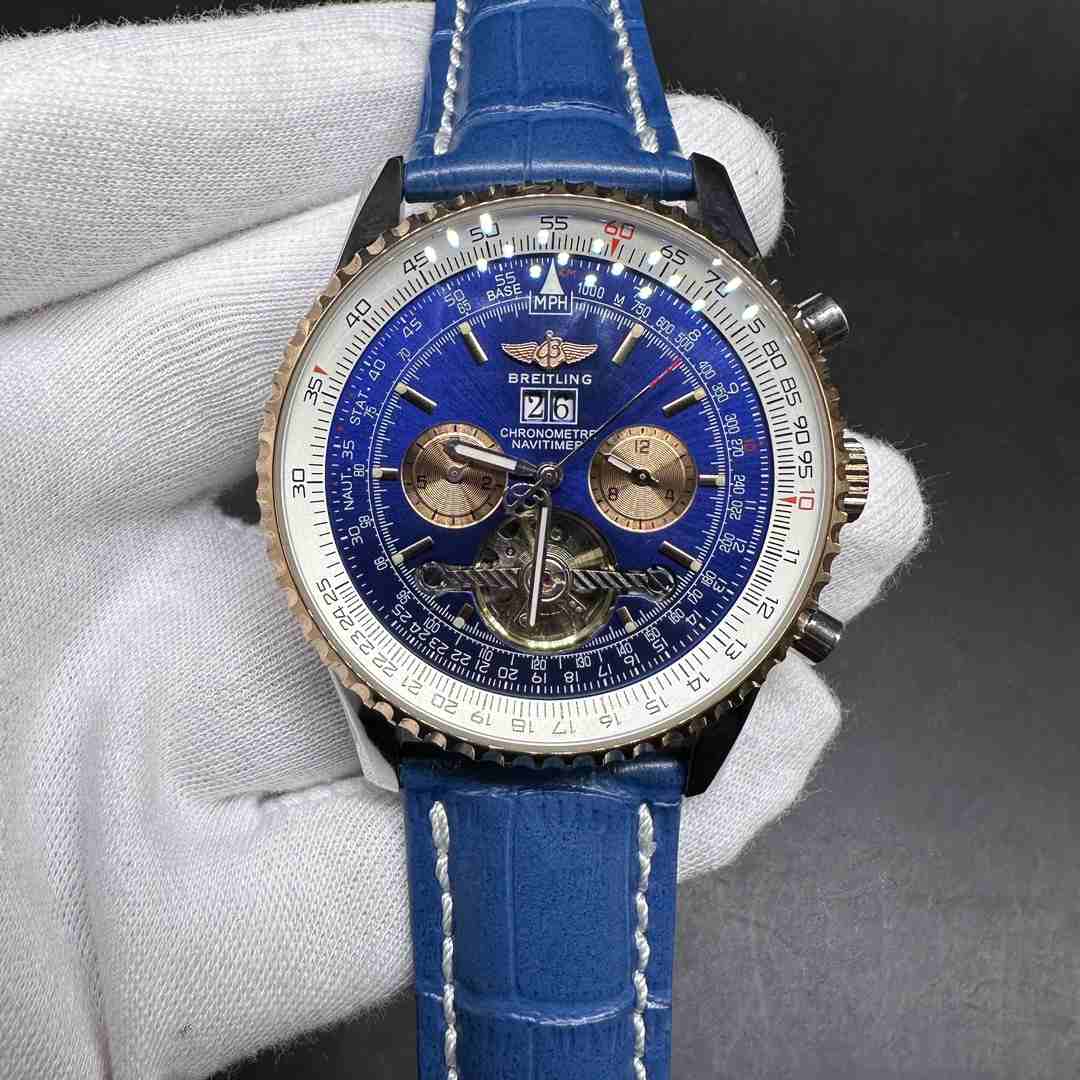 Breitling Chronometre Navitimer AAA automatic Rose gold two tone case 46mm Blue dial Blue leather strap.  A15