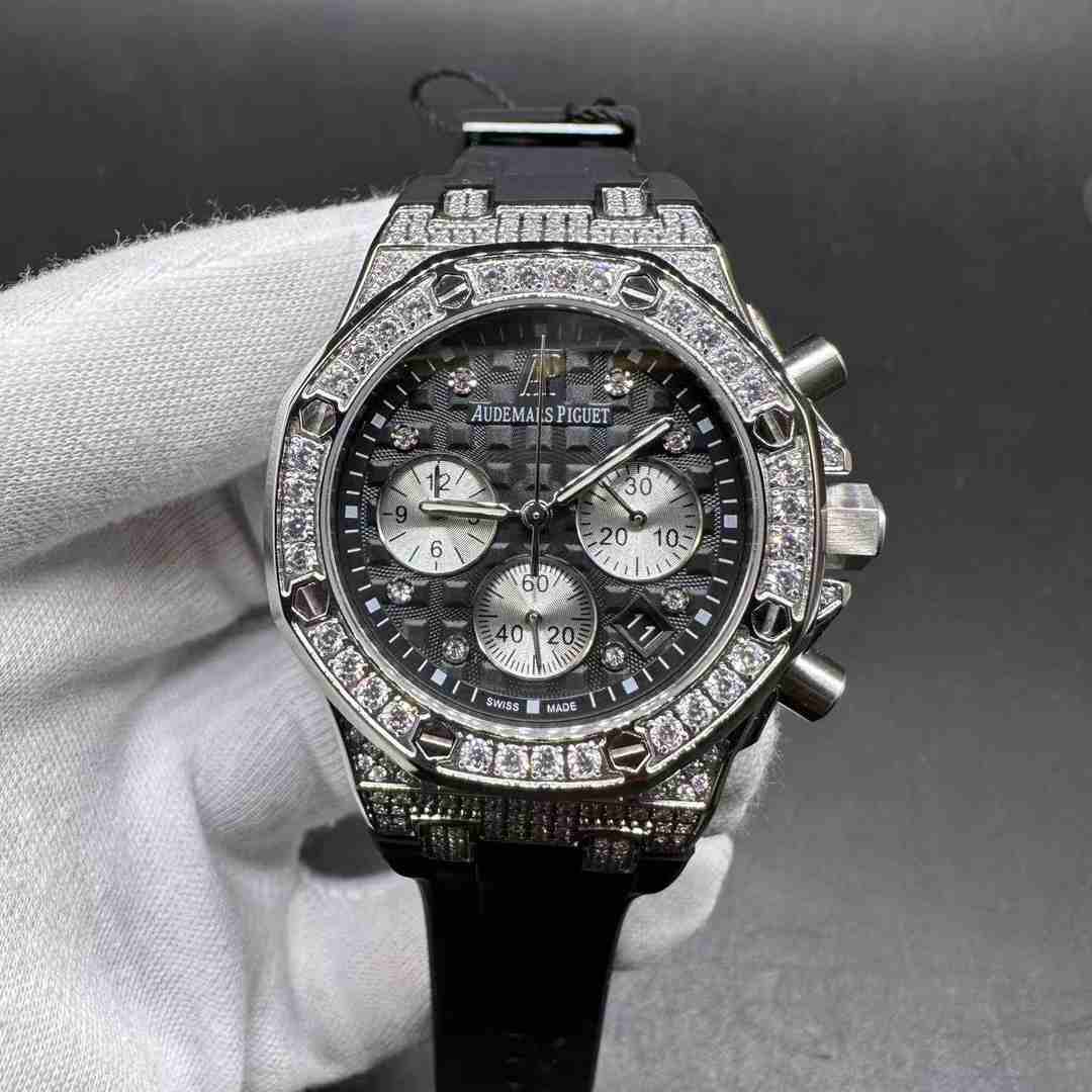 AP Royal Oak Offshore AAA Chronograph VK quartz movement Diamonds silver case Black dial Black rubber strap women stopwatch A36