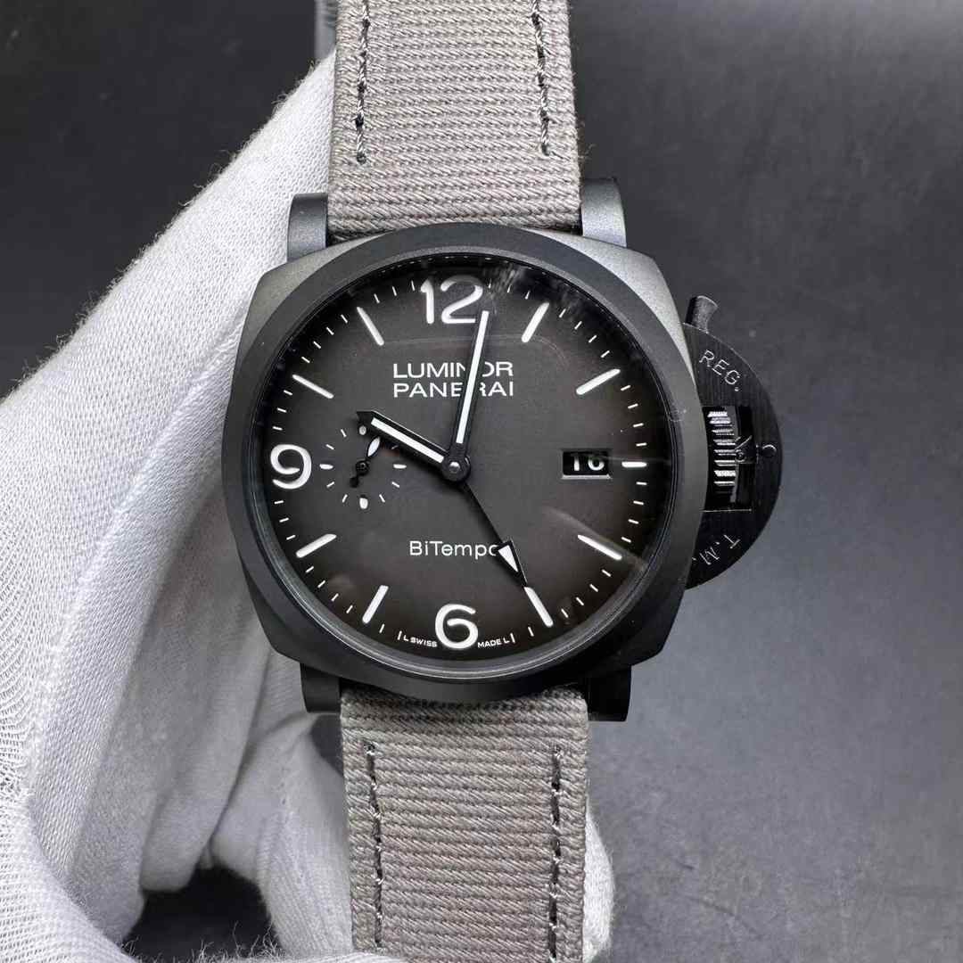 Panerai Luminor BiTempo AAA+ automatic Black case 44mm black dial Gray fabric strap  A40