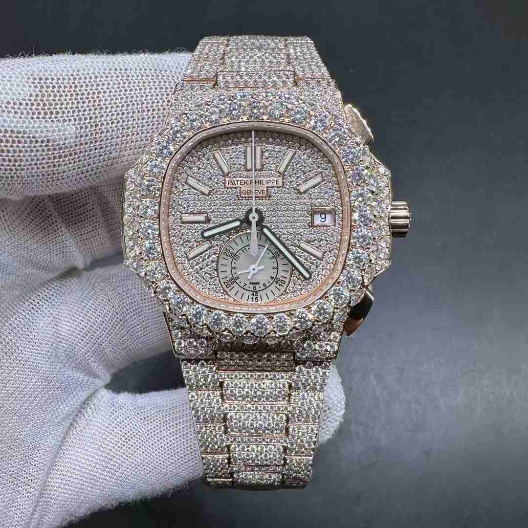 Patek Philippe Nautilus 5980 Chronograph 7750 Full functions Moissanite Diamonds rose gold case 40mm can pass diamonds tester C000