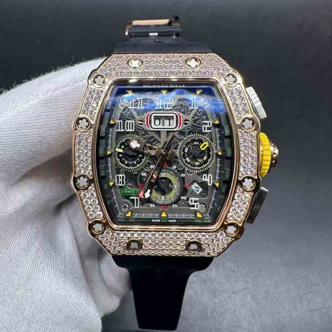 Richard Mille RM11-03 AAA+ Miyota 8215 automatic Diamonds rose gold case 44*50mm black dial black rubber strap.  B00