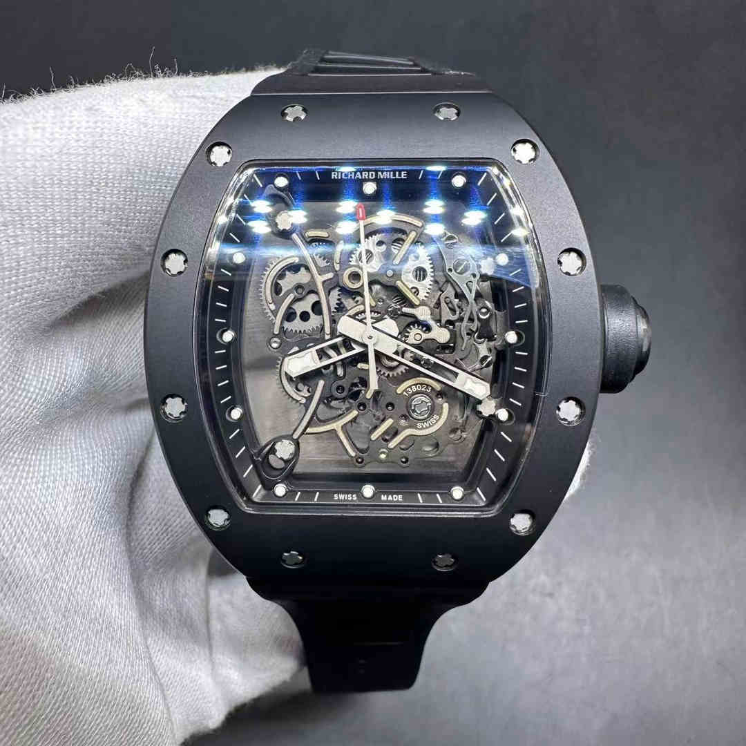 Richard Mille RM055 BBR Automatic RMUL2 movement Black ceramic case 43*50mm Skeleton dial Black rubber strap.  E00