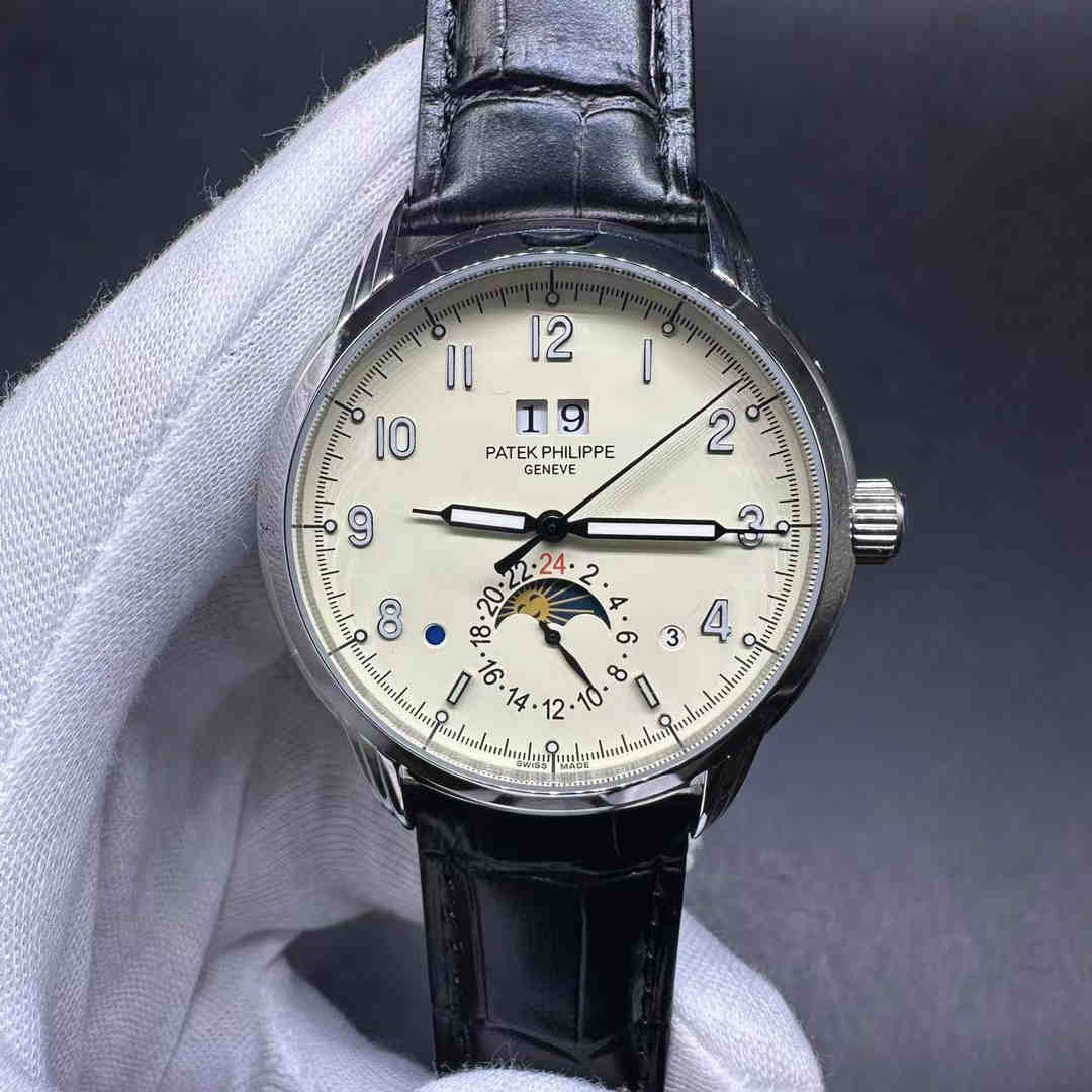 Patek Philippe Annual Calendar AAA automatic Silver case 41mm Moon Phases white dial Black leather strap A15