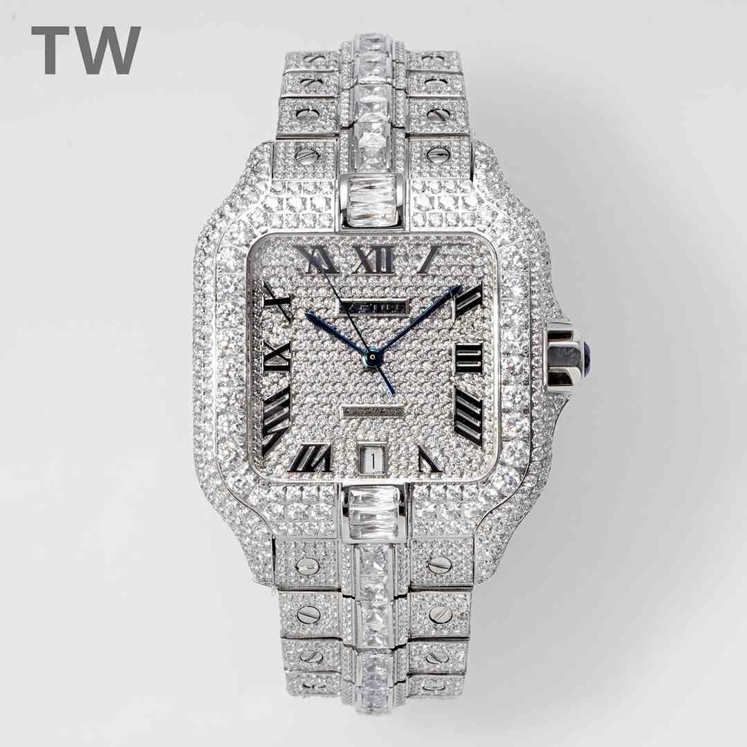 Cartier Santos TW factory 2824 automatic Swarovski diamonds silver case 38.5*40mm Roman numbers dial big stones QuickSwitch strap.  F50