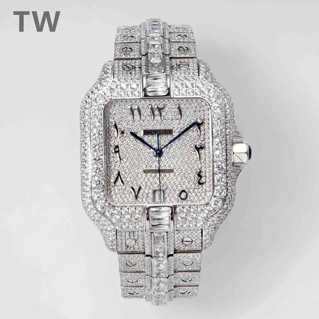 Cartier Santos TW factory 2824 automatic Swarovski diamonds silver case 38.5*40mm Arabic numbers dial big stones QuickSwitch strap.  F50