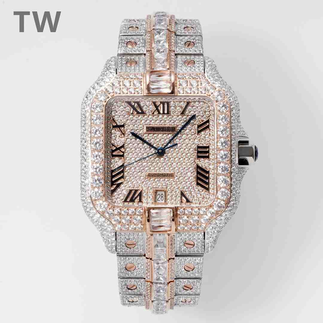 Cartier Santos TW factory 2824 automatic Swarovski diamonds Rose gold two tone case 38.5*40mm Roman numbers dial big stones QuickSwitch strap.  F50