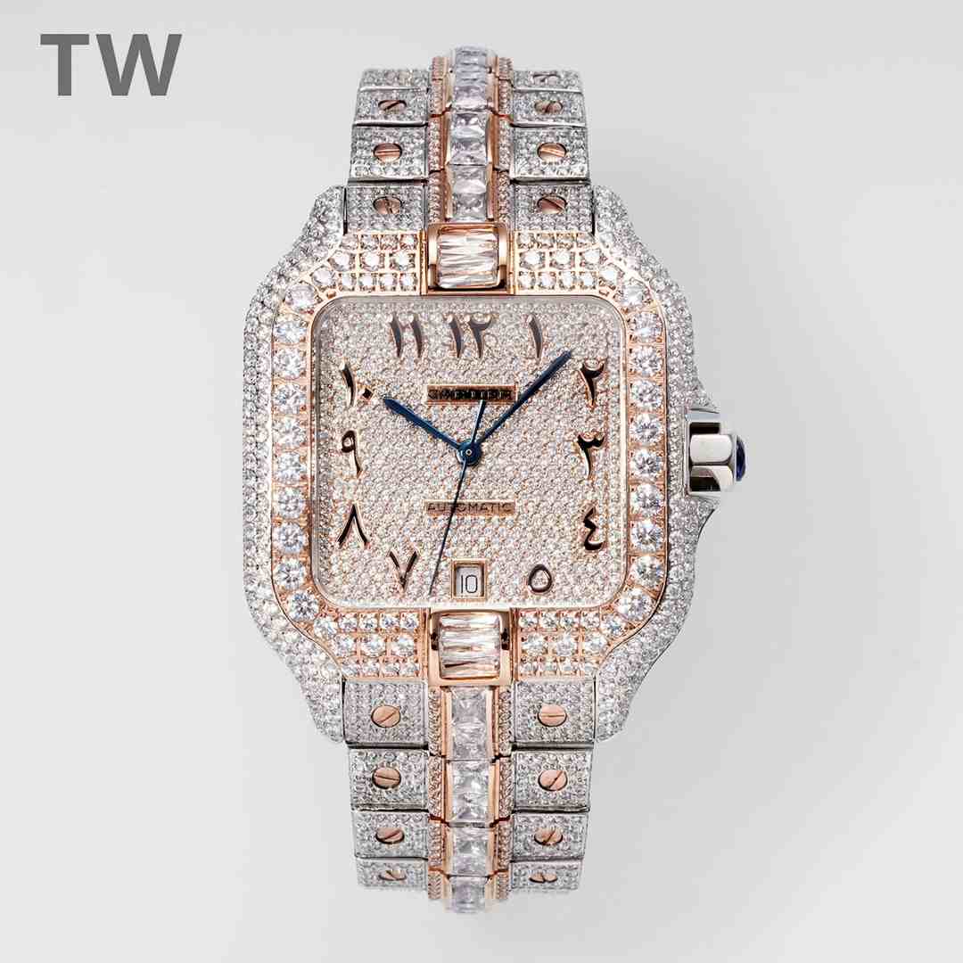 Cartier Santos TW factory 2824 automatic Swarovski diamonds Rose gold two tone case 38.5*40mm Arabic numbers dial big stones QuickSwitch strap.  F50