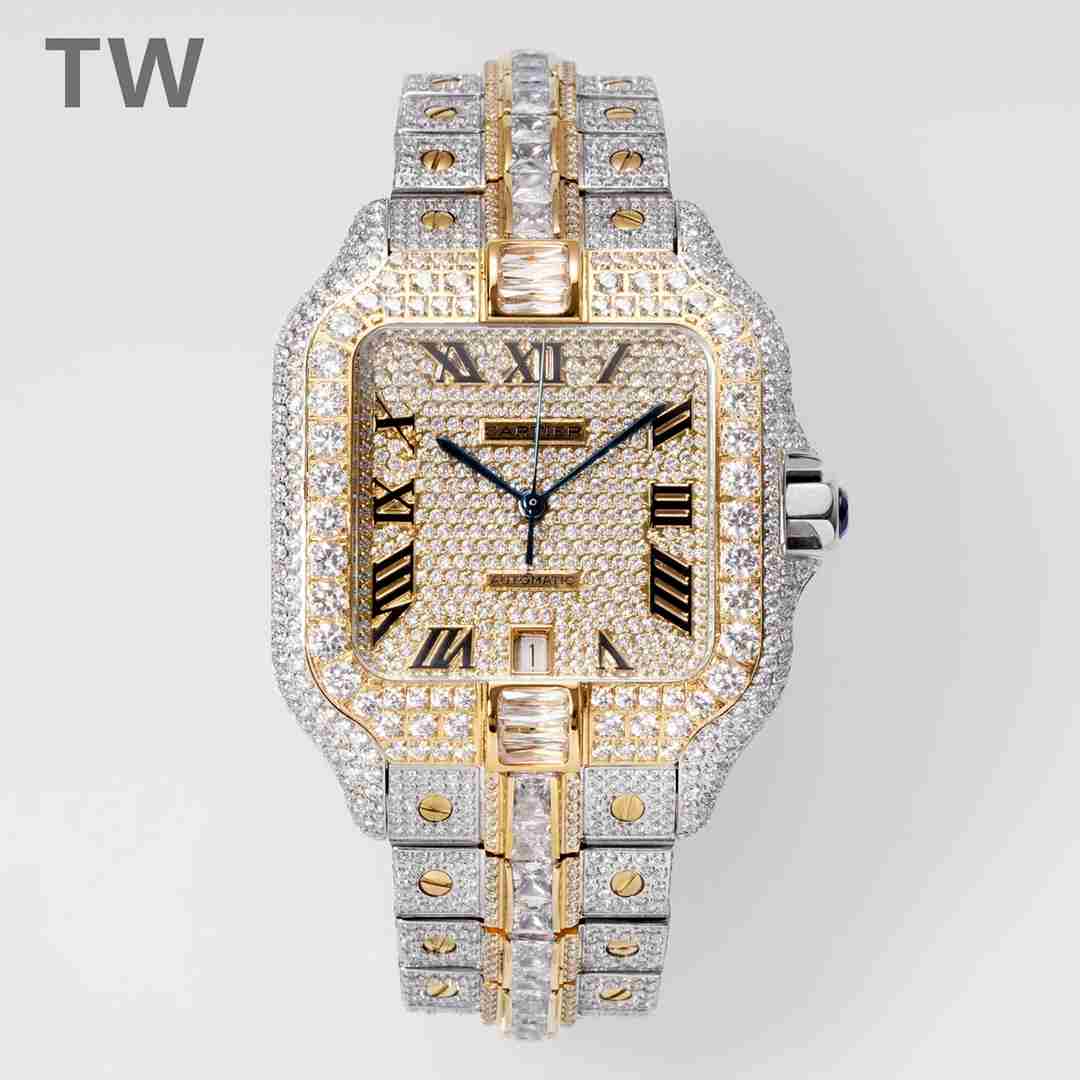 Cartier Santos TW factory 2824 automatic Swarovski diamonds Yellow gold two tone case 38.5*40mm Roman numbers dial big stones QuickSwitch strap.