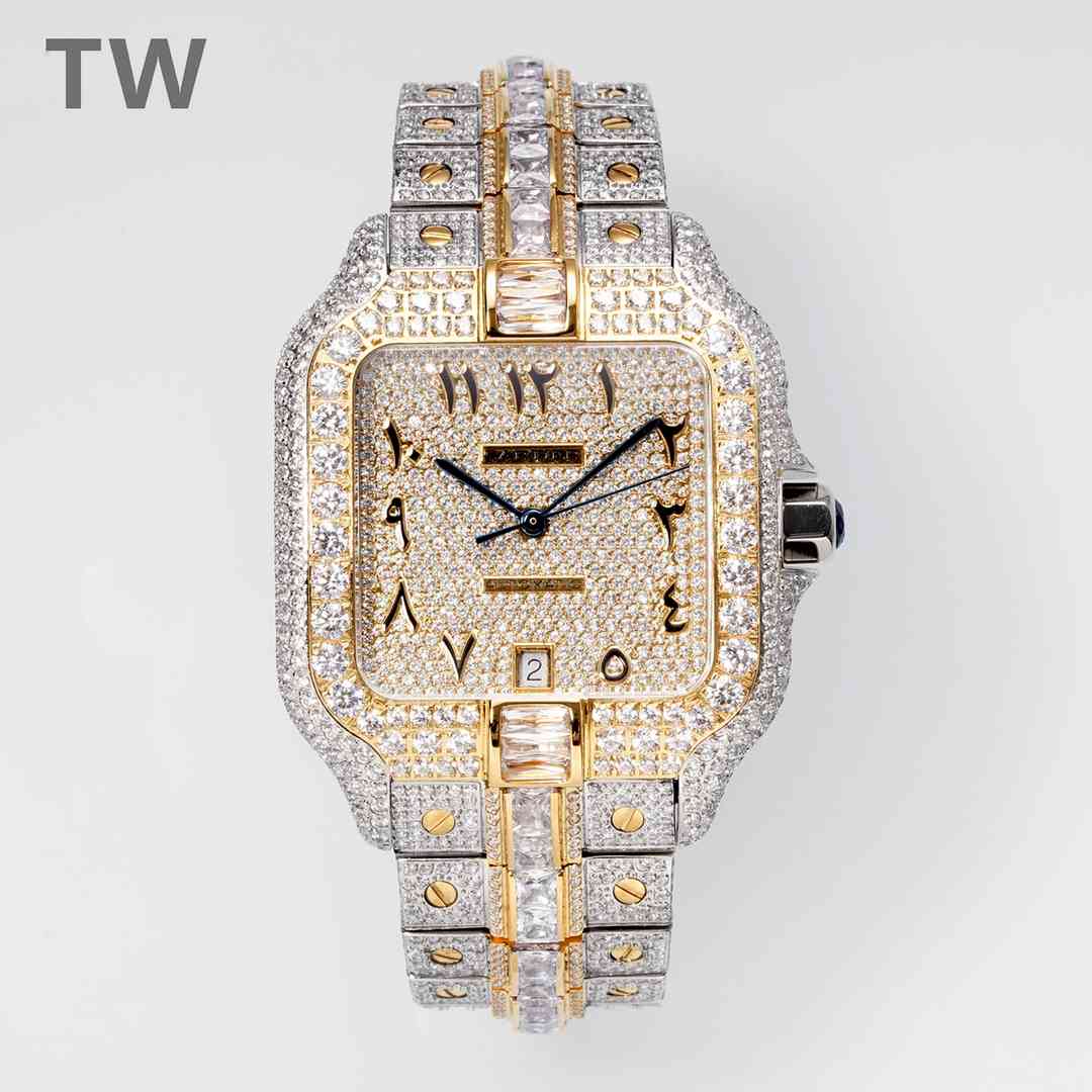 Cartier Santos TW factory 2824 automatic Swarovski diamonds Yellow gold two tone case 38.5*40mm Arabic numbers dial big stones QuickSwitch strap. XD350