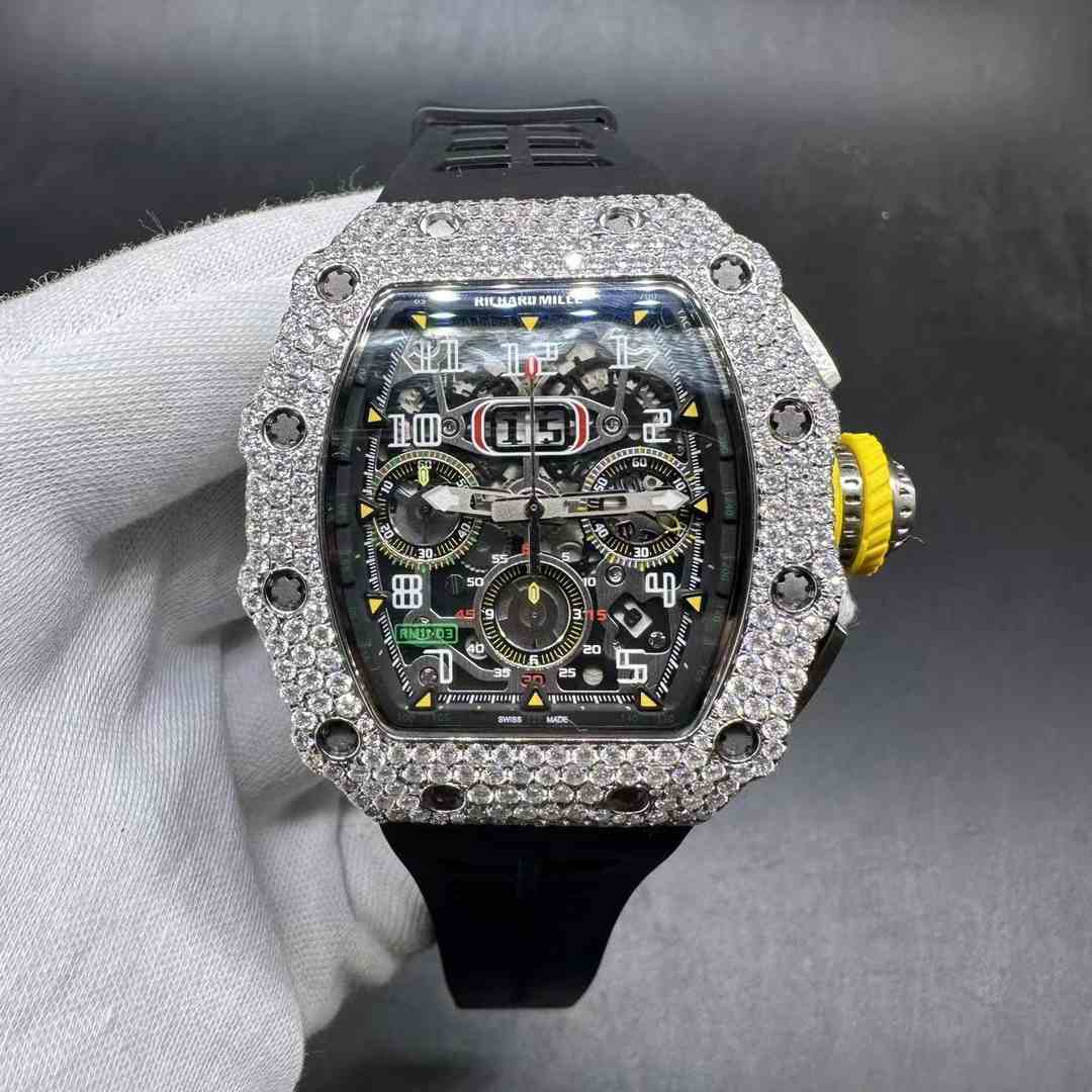 Richard Mille RM11-03 Moissanite diamonds silver case Chronograph 7750 movement Black rubber strap.  A980