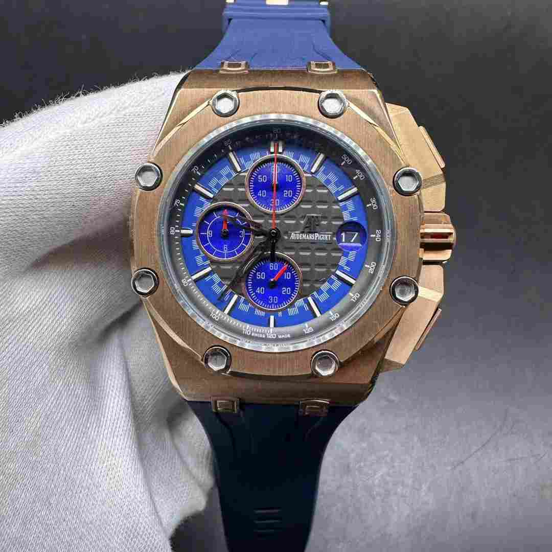 AP Royal Oak Offshore Limited Edition AAA VK quartz movement Rose gold case 45mm Blue dial Blue rubber men stopwatch. A45