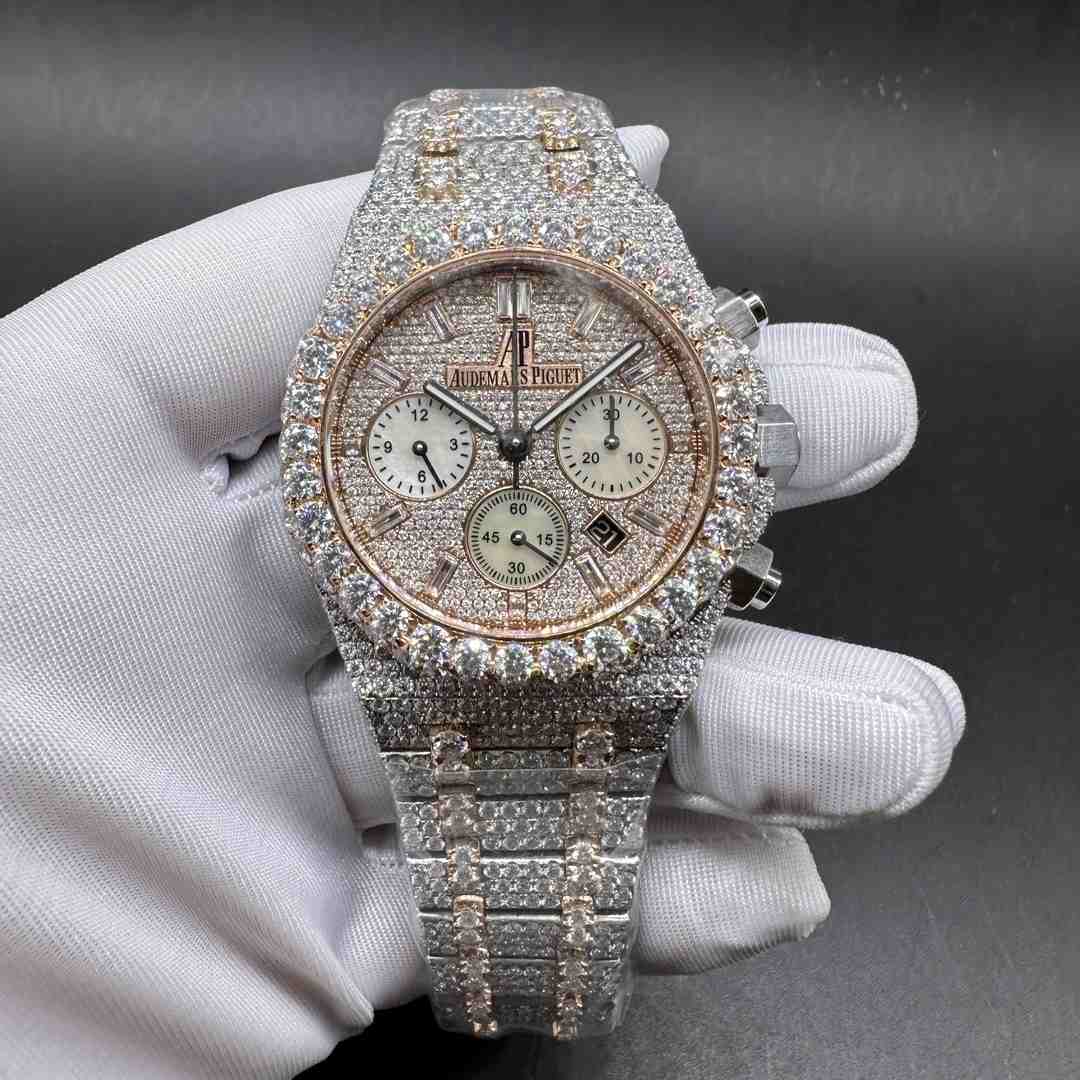 AP Royal Oak Chronograph 7750 Moissanite rose gold two tone case 41mm Bustdown diamonds can pass tester men’s stopwatch C250