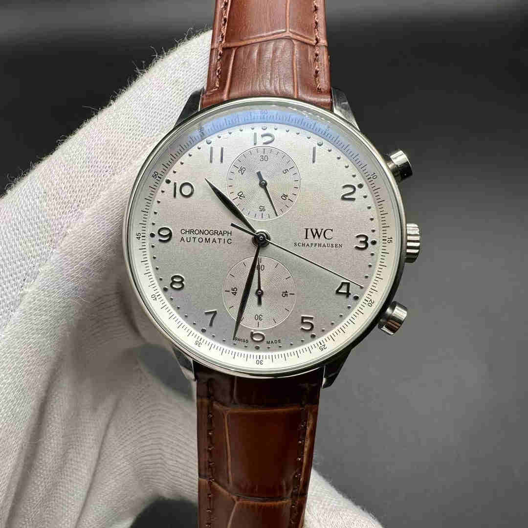 IWC Portuguese Chronograph AAA automatic 2813 movement steel case 40mm white dial Brown leather strap.  A15