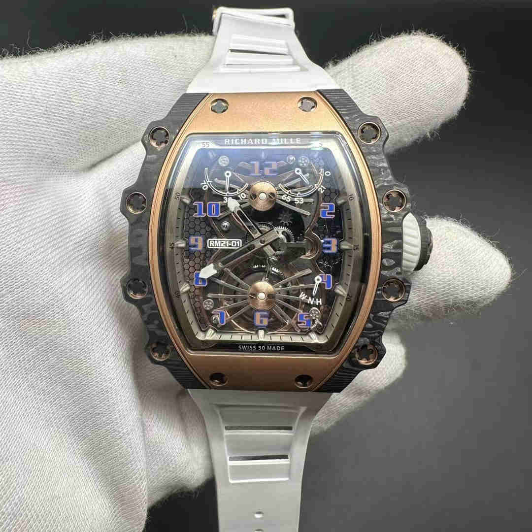 Richard Mille RM21-01 Real Tourbillon movement Carbon case two tone rose gold 40*50mm Skeleton dial White rubber strap Limited Edition M45.  J48