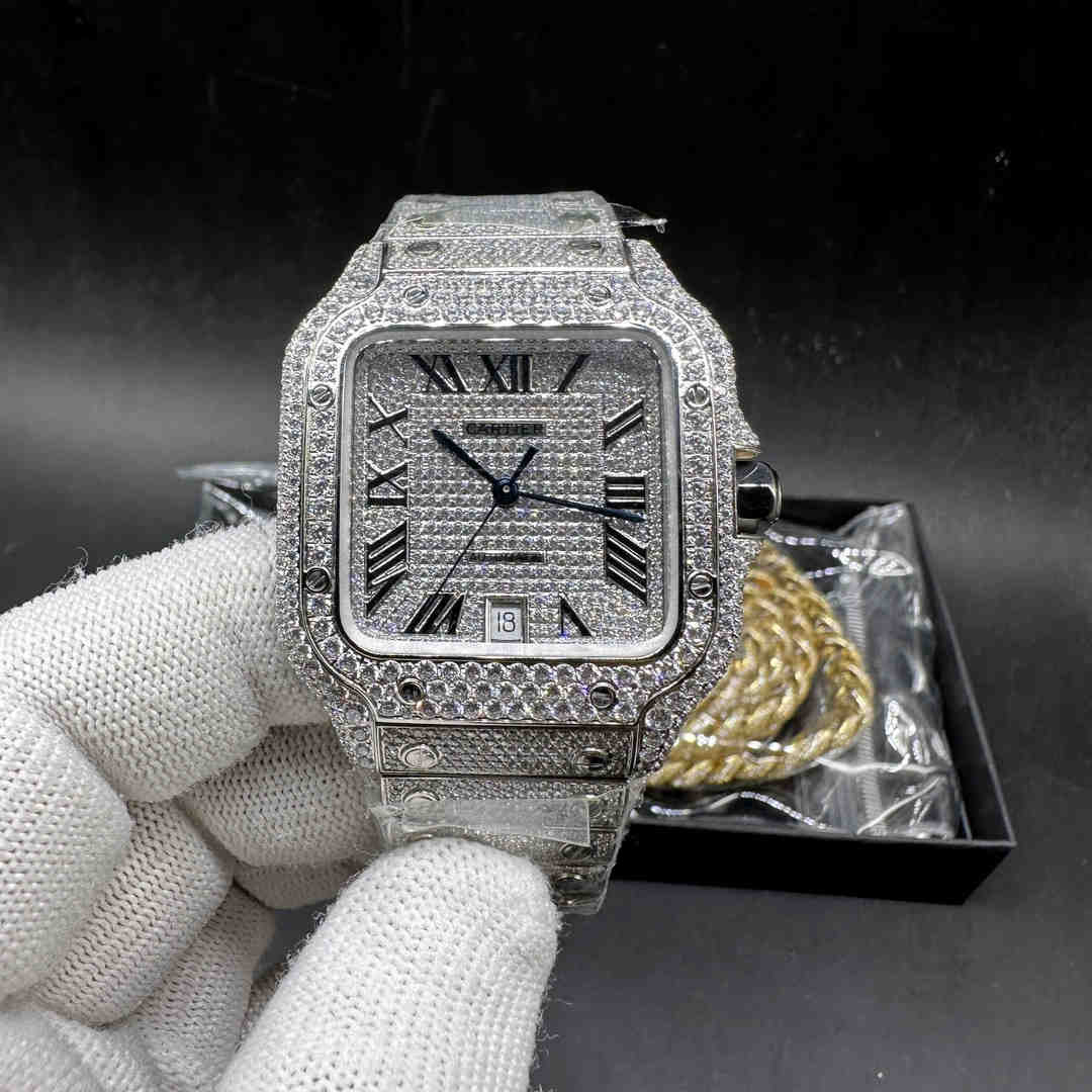Cartier Santos 38.5mm full diamonds Swarovski Roman numbers TW factory 2824 movement