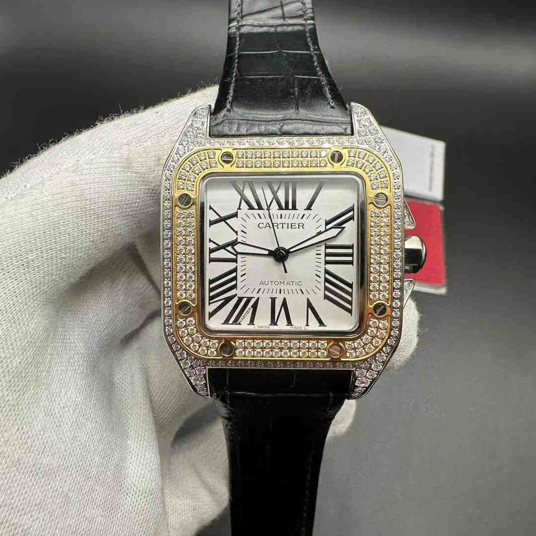 Cartier Santos 2824 movement CZ diamonds two tone gold case 38.5mm white dial black leather strap.  B50