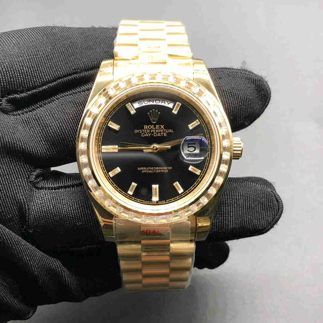 Rolex Daydate 40 AAA automatic 2813 movement Yellow gold case 40mm Baggage bezel Diamond-set black dial.  A15