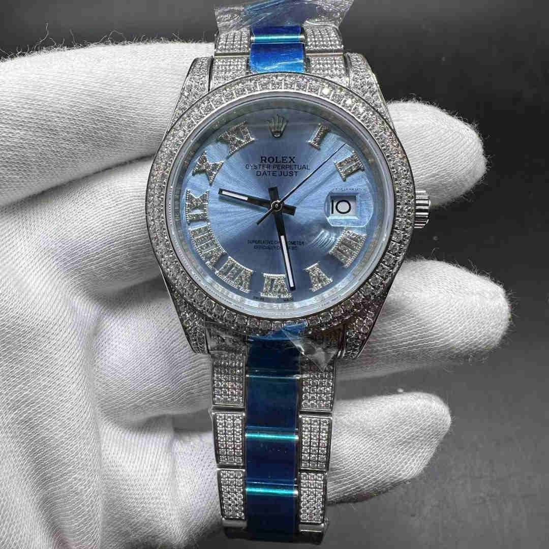 Rolex Datejust 41mm AAA automatic 2813 movement CZ stones case Diamond-set Roman numbers blue dial Oyster bracelet.  A92