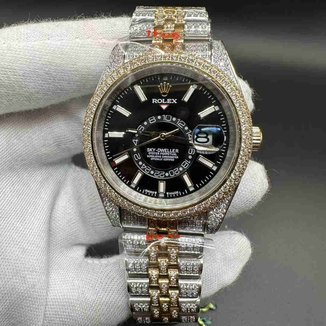 Rolex Sky-Dweller AAA automatic CZ diamonds two tone yellow gold case 40mm Black dial Jubilee bracelet.  C98