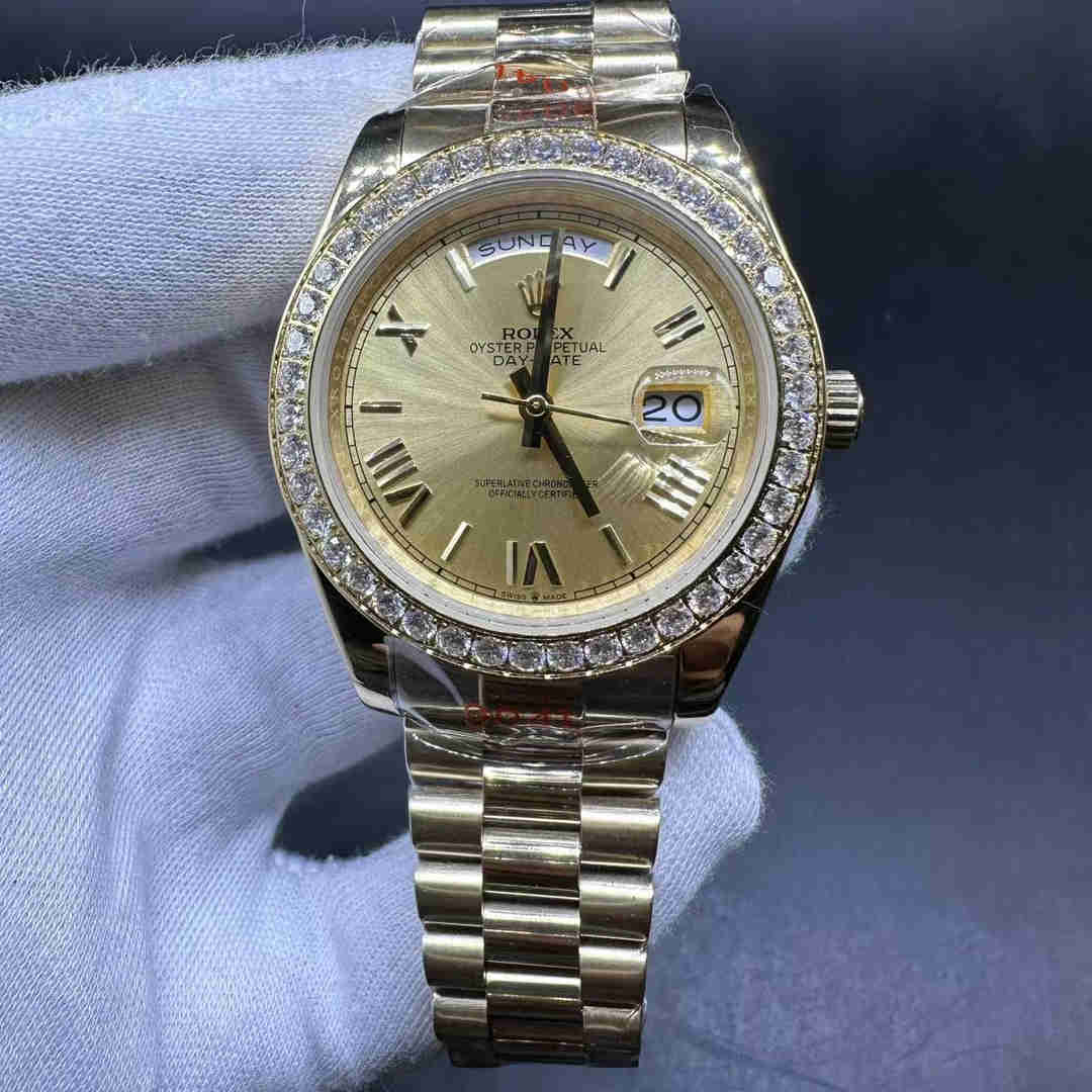 Rolex Daydate AAA automatic 2813 Yellow gold case 40mm Diamonds bezel Sapphire crystal Gold dial President bracelet.  A15