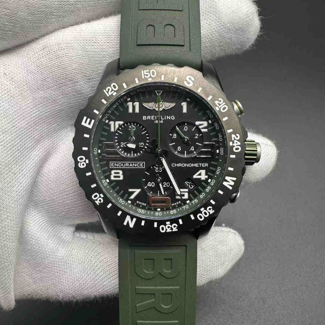 Breitling Endurance AAA+ Quartz Black case 44mm Green rubber strap men stopwatch.  A50