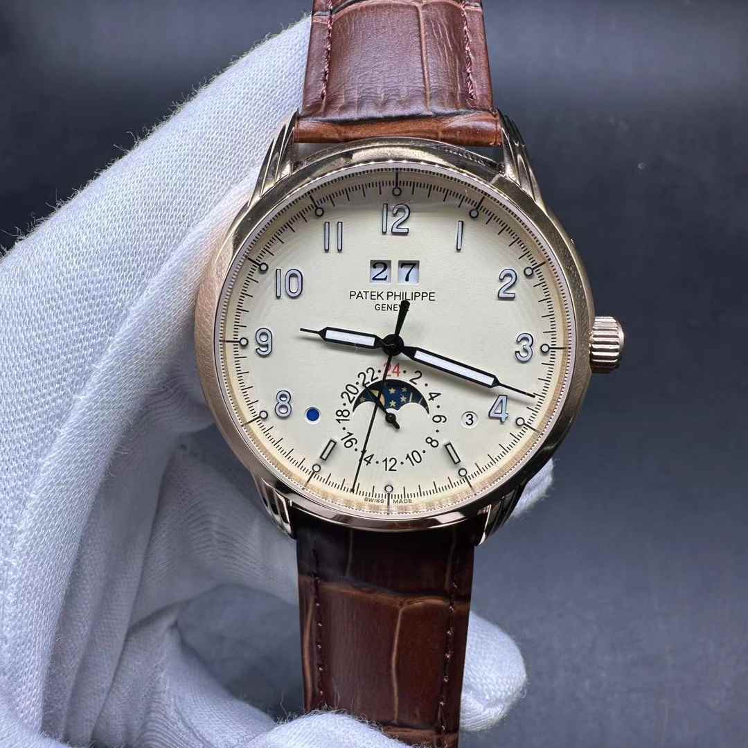 Patek Philippe Annual Calendar AAA automatic Rose gold case 41mm Moon Phases white dial Brown leather strap. A15