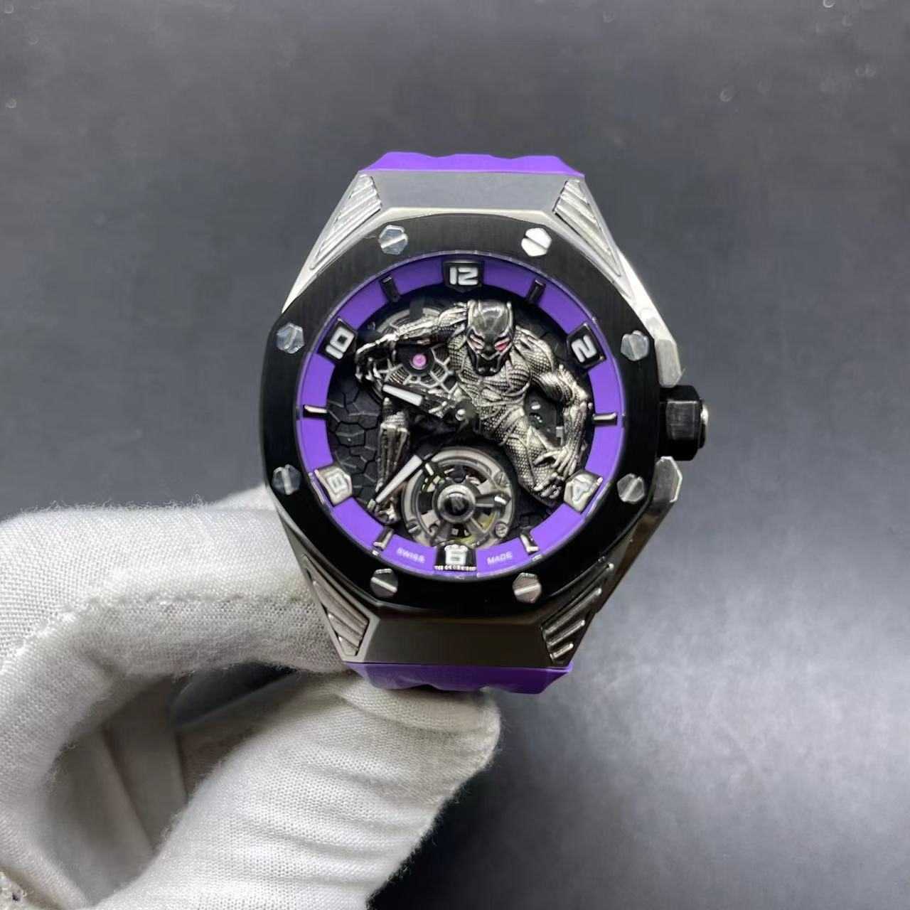 AP Royal Oak Concept 26620 Marvel Limited edition TW factory Fake Tourbillon 8215 automatic Steel case 42mm Black Panther dial purple rubber strap.  C68