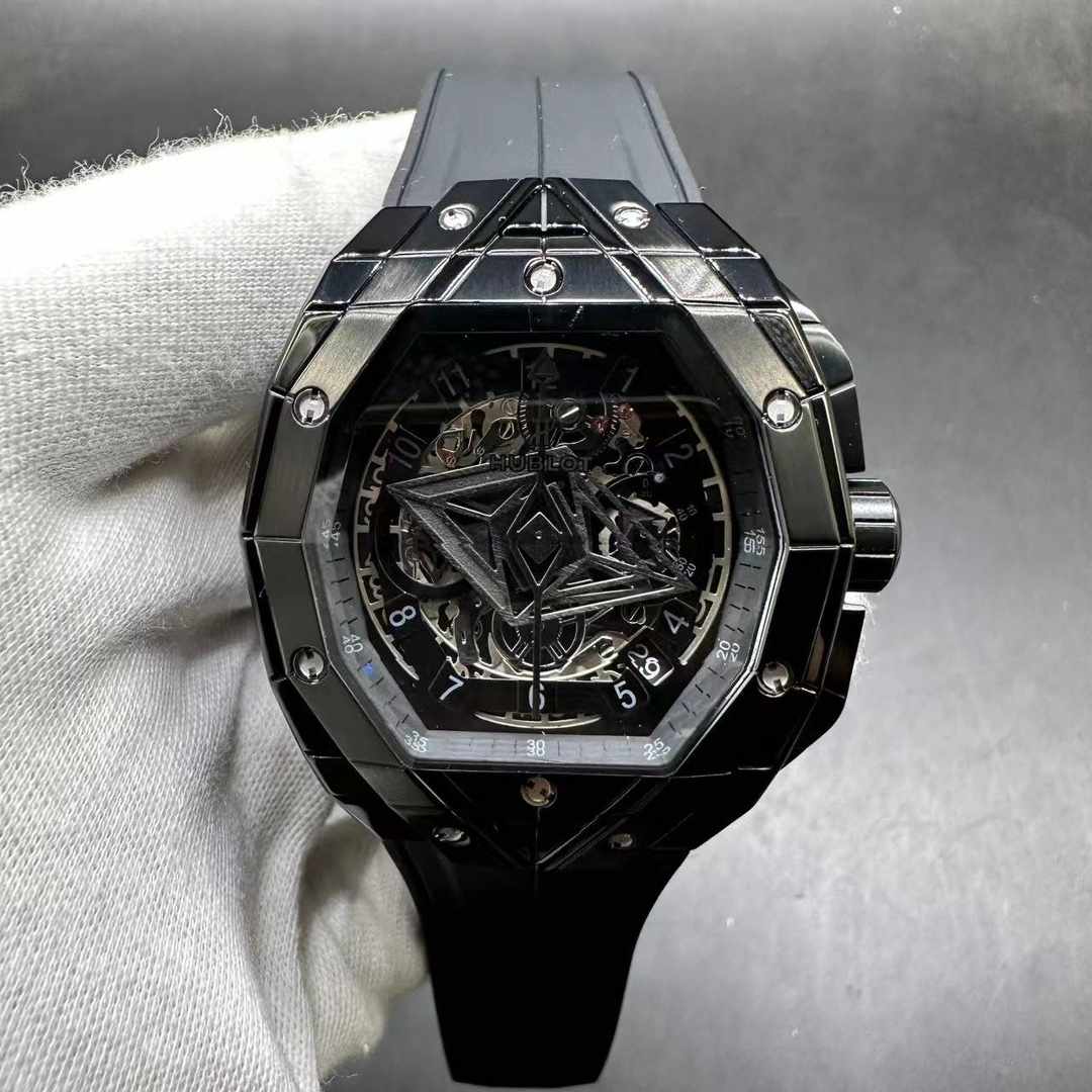 Hublot X Sang Bleu AAA quartz Black ceramic case 45mm Black chronograph dial Black rubber strap men stopwatch.  A38