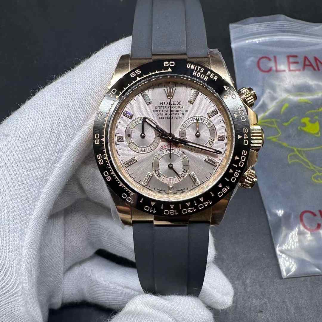 Rolex Daytona 116515LN Clean factory 4130 rose gold case 38.5mm Baguette dial Ceramic black bezel Black oysterflex strap. 950$