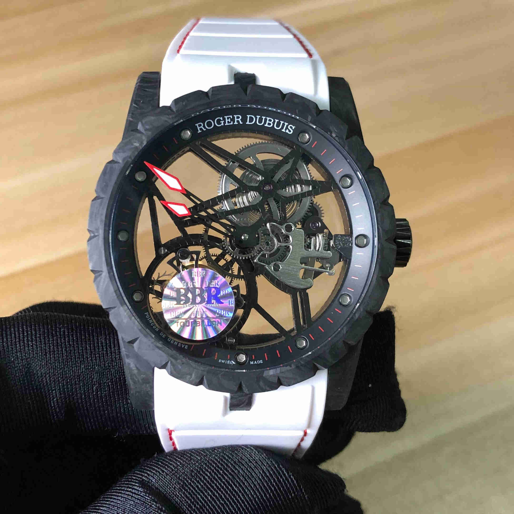 Roger Dubuis BBR factory tourbillon movement Black carbon case 45mm skeleton transparent dial white leather strap M380.