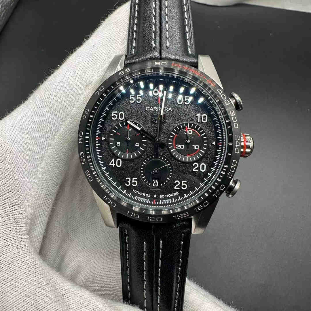 TAG Heuer Carrera AAA quartz Steel case 46mm Black bezel frosted black dial Black leather. F029 A15