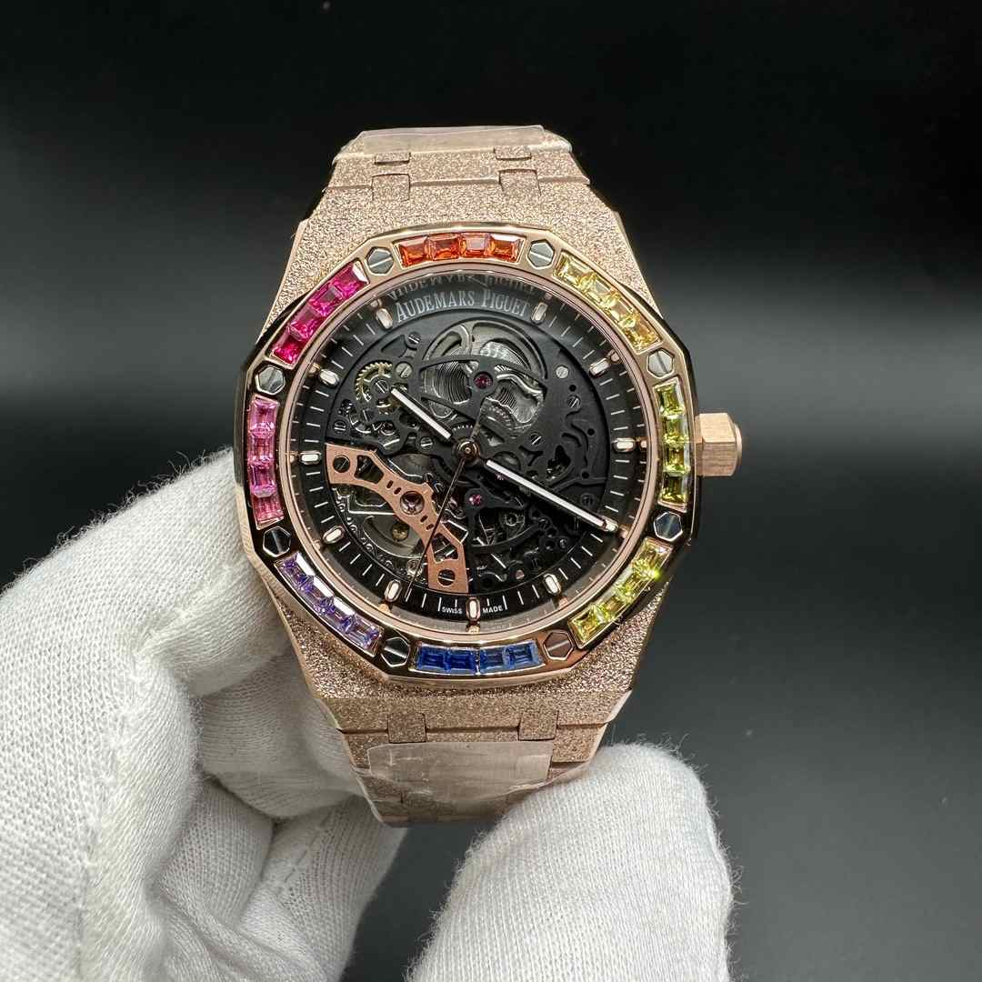 AP Royal Oak AAA+ automatic Frosted rose gold case 42mm Skeleton dial Baguette diamonds rainbow bezel.  A50