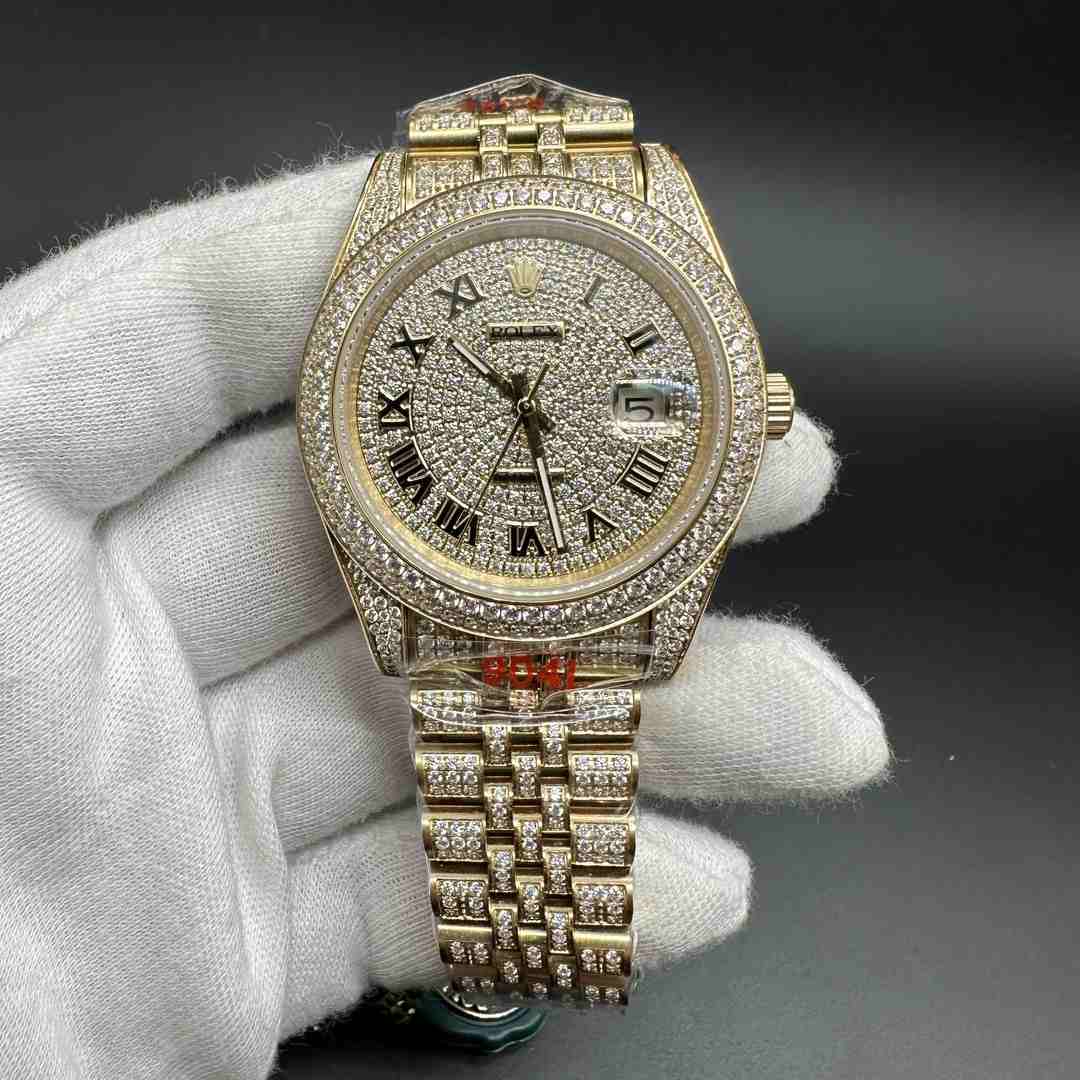 Rolex Datejust 41 AAA CZ stones Yellow gold case Diamonds face Roman numbers Jubilee bracelet.  B85
