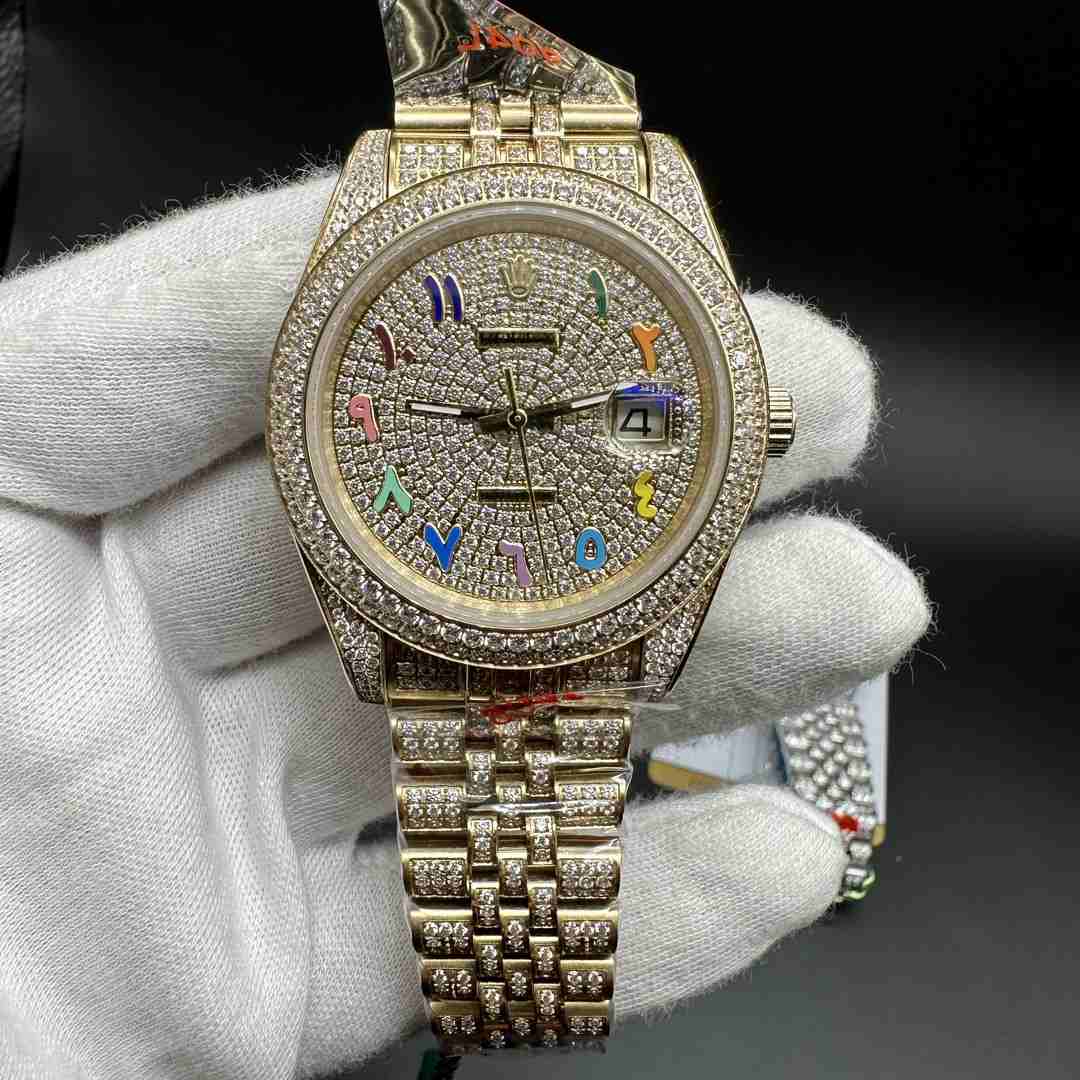 Rolex Datejust 41 AAA CZ diamonds yellow gold color Rainbow Arabic numbers Jubilee bracelet.